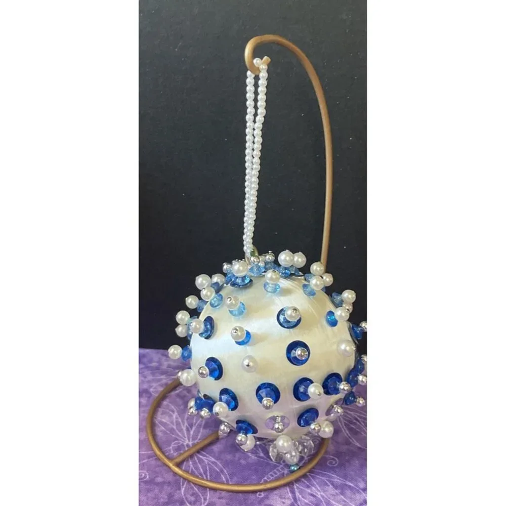Handcrafted Beaded Sequin Christmas Ornaments Push Pin Satin Blue Green Lot Of 3